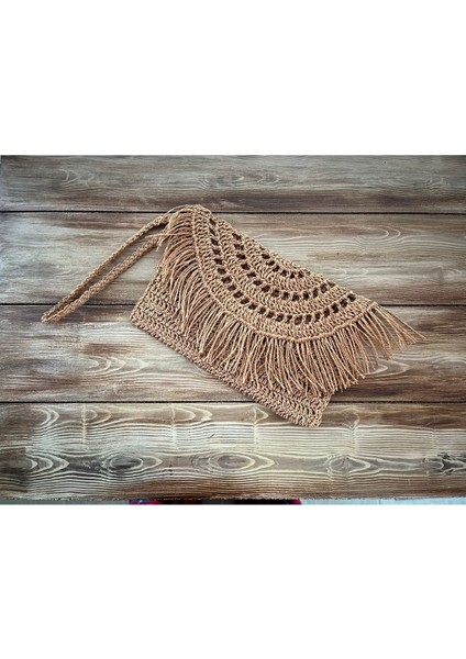 Krem Hasır Püsküllü , El Yapımı, Astarlı, Çıtçıtlı Kağıt Ip Clutch Çanta
