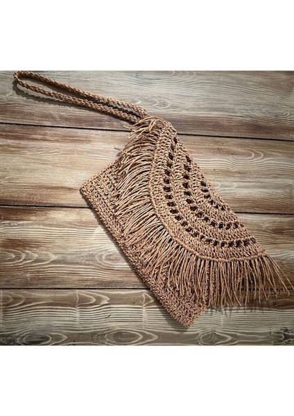 Krem Hasır Püsküllü , El Yapımı, Astarlı, Çıtçıtlı Kağıt Ip Clutch Çanta