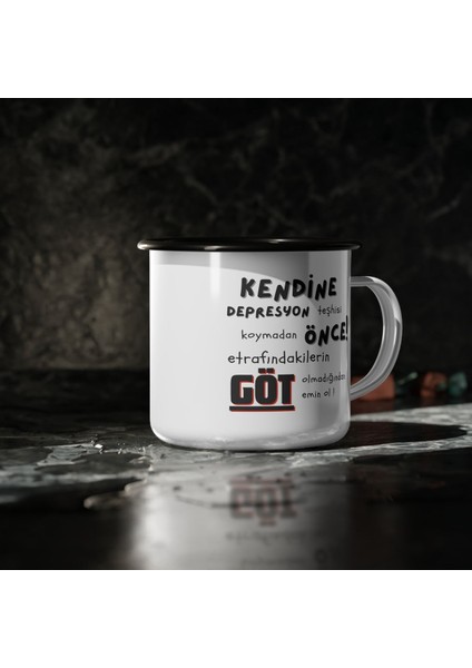 Depresyona Girmeden Önce Hediyelik Baskılı Porselen Lacivert Şeritli Lüks Kupa Bardak