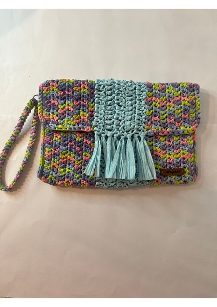 Mavi Püsküllü , El Yapımı, Astarlı, Çıtçıtlı, Ebruli Kağıt Ip, Clutch El Çantası