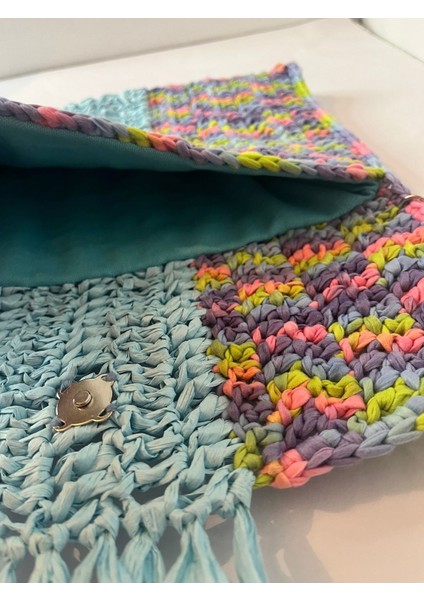 Mavi Püsküllü , El Yapımı, Astarlı, Çıtçıtlı, Ebruli Kağıt Ip, Clutch El Çantası