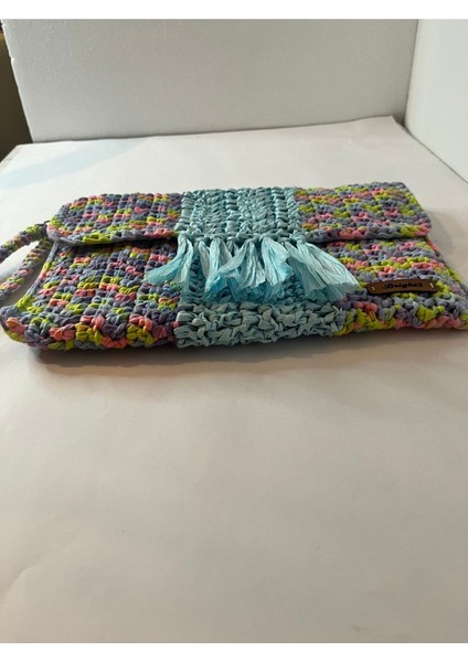 Mavi Püsküllü , El Yapımı, Astarlı, Çıtçıtlı, Ebruli Kağıt Ip, Clutch El Çantası