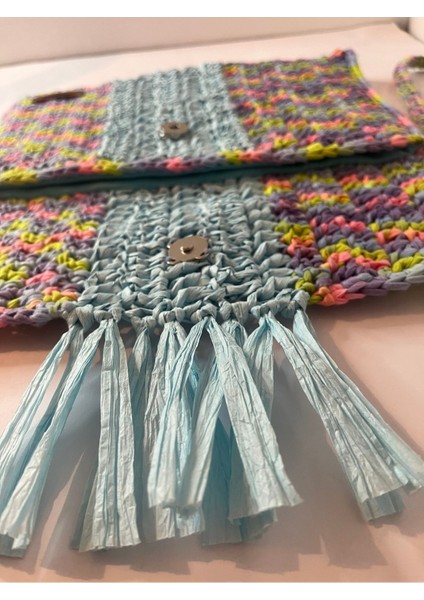 Mavi Püsküllü , El Yapımı, Astarlı, Çıtçıtlı, Ebruli Kağıt Ip, Clutch El Çantası