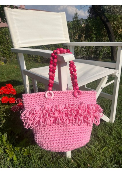 Pembe Penye Ip El Yapımı Çanta, Tahta Boncuk Askı, Gül Desenli Astar