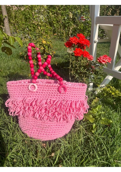 Pembe Penye Ip El Yapımı Çanta, Tahta Boncuk Askı, Gül Desenli Astar fiyatları