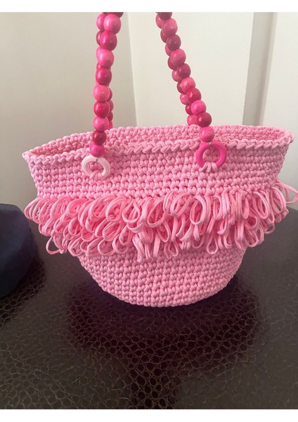 Pembe Penye Ip El Yapımı Çanta, Tahta Boncuk Askı, Gül Desenli Astar modelleri