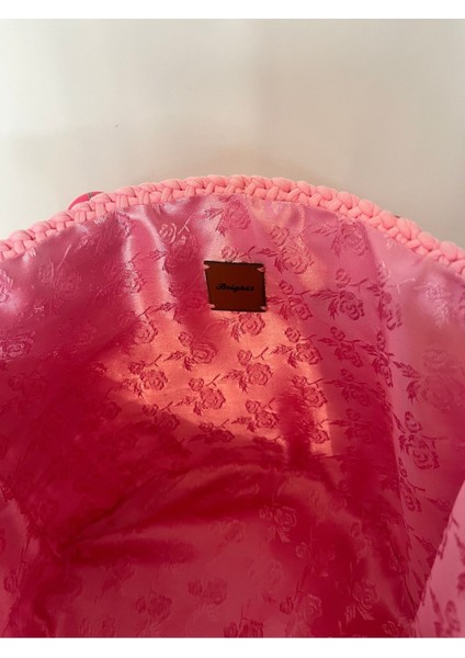 Pembe Penye Ip El Yapımı Çanta, Tahta Boncuk Askı, Gül Desenli Astar fırsatları