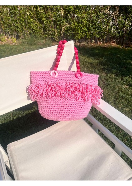 Pembe Penye Ip El Yapımı Çanta, Tahta Boncuk Askı, Gül Desenli Astar indirimleri