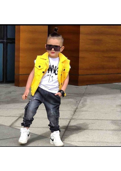 Erkek Çocuk Kargo Cepli Kot Pantalon Sarı Yelek ve Tişört Takım Bayramlık Kombin