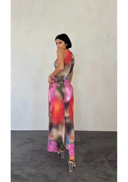 Bej Batik Desenli Elbise