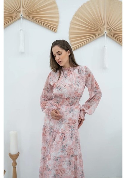 Pembe Şanzelize Çiçek Desenli Elbise