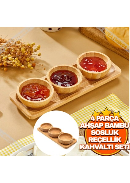 4 Parça Ahşap Bambu Çerezlik | Sunum Tepsili Sosluk,reçellik,bal,ketçap,mayanonez Kahvaltı Seti