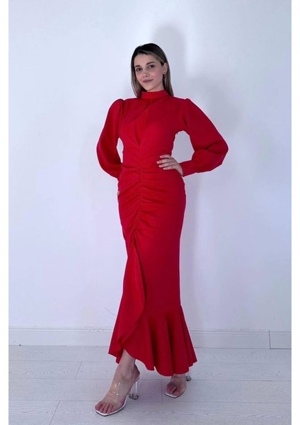 Kırmızı Volanlı Uzun Kol Elbise