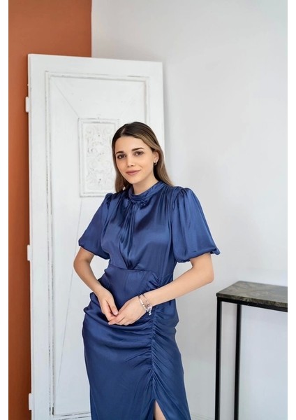 Indigo Büzgülü Aten Elbise