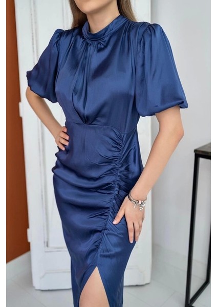Indigo Büzgülü Aten Elbise