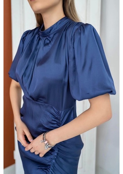 Indigo Büzgülü Aten Elbise