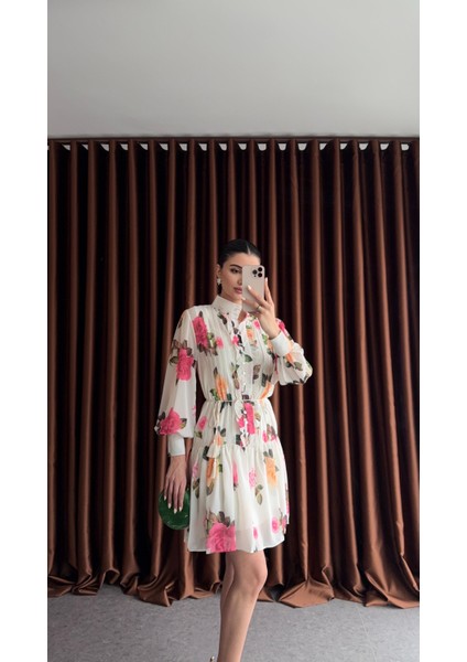 Gül Desenli Astarlı Şifon Elbise