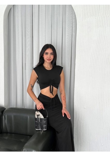 Osy Odal Yumuşak Dokulu Kumaş Büzgülü Crop Etek Takım Iyah