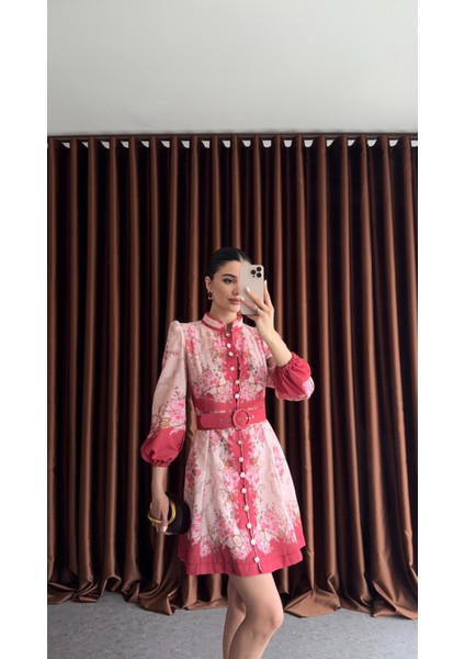 Vintage Çiçek Desenli Kemerli Mini Elbise