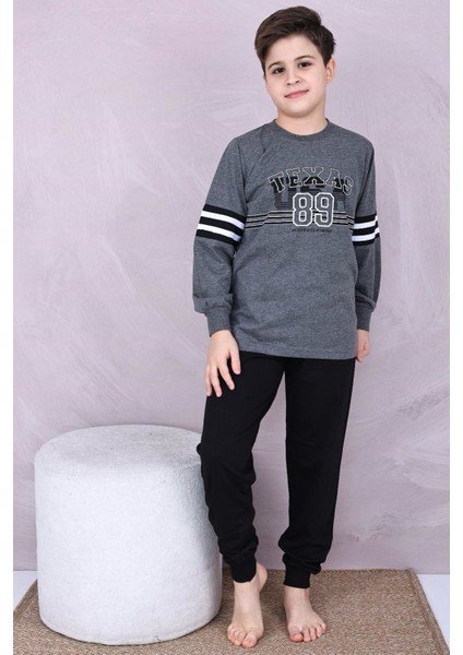 Kapip Füme Texas Baskılı Uzun Kollu Erkek Çocuk Pijama Takımı 11-15 Yaş 7015-F