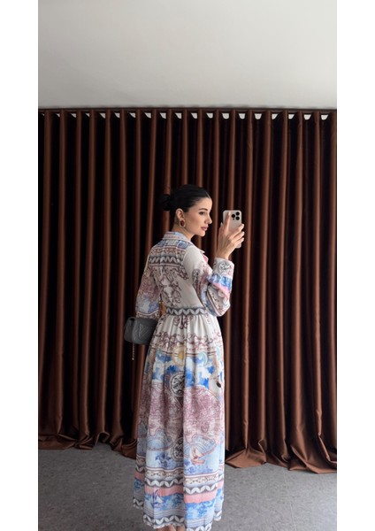 Vintage Harita Desenli Kemerli Gömlek Elbise