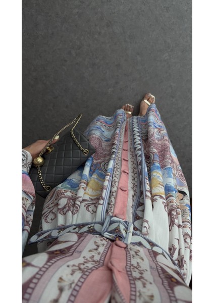 Vintage Harita Desenli Kemerli Gömlek Elbise