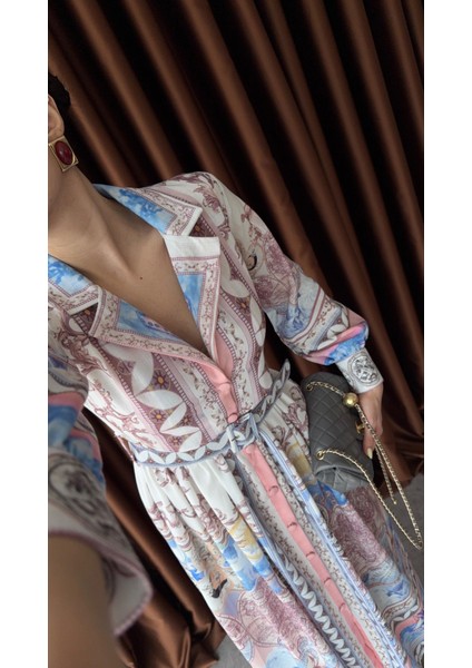 Vintage Harita Desenli Kemerli Gömlek Elbise