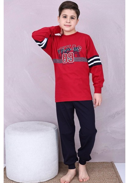 Kapip Bordo Texas Baskılı Uzun Kollu Erkek Çocuk Pijama Takımı 11-15 Yaş 7015-B