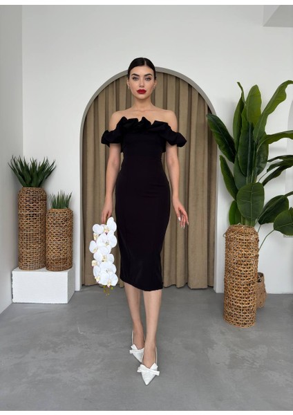 Volanlı Madonna Yaka Kalem Kadın Elbise