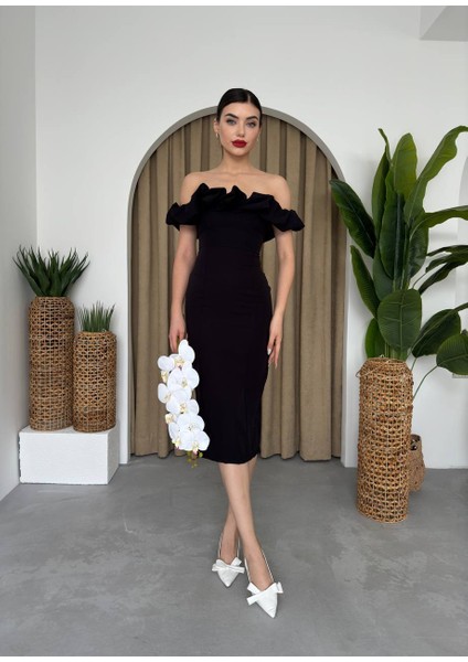 Volanlı Madonna Yaka Kalem Kadın Elbise fiyatları