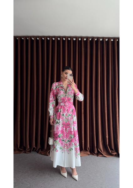 Pembe Çiçekli Kemerli Maxi Elbise