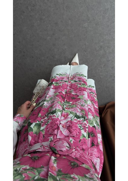 Pembe Çiçekli Kemerli Maxi Elbise