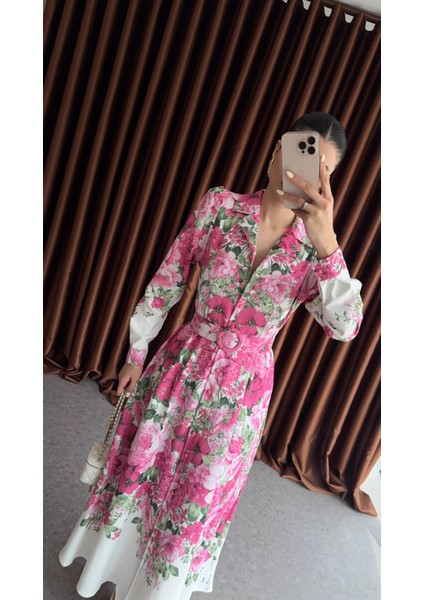 Pembe Çiçekli Kemerli Maxi Elbise