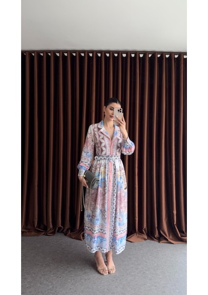 Vintage Harita Desenli Kemerli Gömlek Elbise