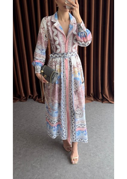 Vintage Harita Desenli Kemerli Gömlek Elbise modelleri