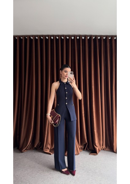 Lacivert Halter Yaka Yelek-Pantolon Takım