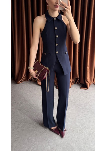 Lacivert Halter Yaka Yelek-Pantolon Takım modelleri