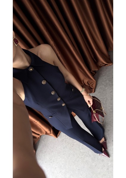 Lacivert Halter Yaka Yelek-Pantolon Takım indirimleri