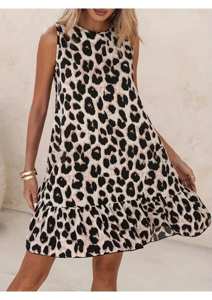Bisiklet Yaka Kolsuz Sırttan Bağlamalı Fırfırlı Leopar Desenli Kadın Elbise indirimleri
