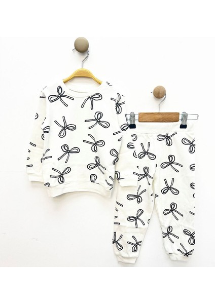 Ekru Kurdele Desenli Kız Çocuk Pijama Takımı %100 Pamuk