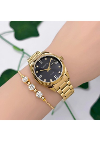 Çelik Kordon Çelik Kasa Kadın Kol Saati, 3 Atm Su Geçirmez Gold-Siyah ZMFER176