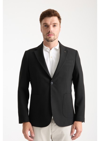 Tommas Erkek Siyah Yarım Astar Torba Cep Likralı Gofre Kumaşlı Spor Blazer Ceket