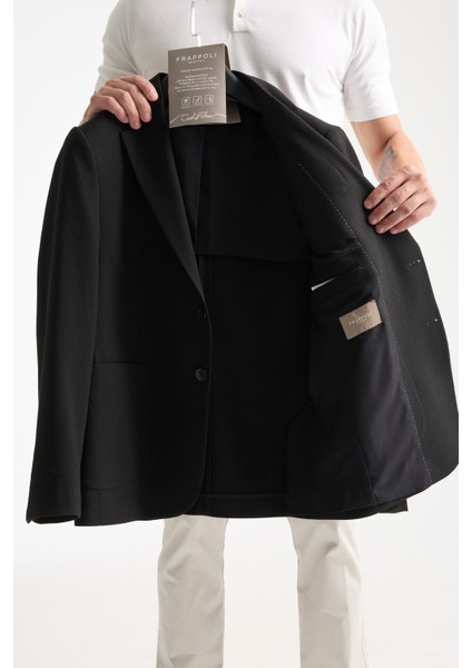 Tommas Erkek Siyah Yarım Astar Torba Cep Likralı Gofre Kumaşlı Spor Blazer Ceket