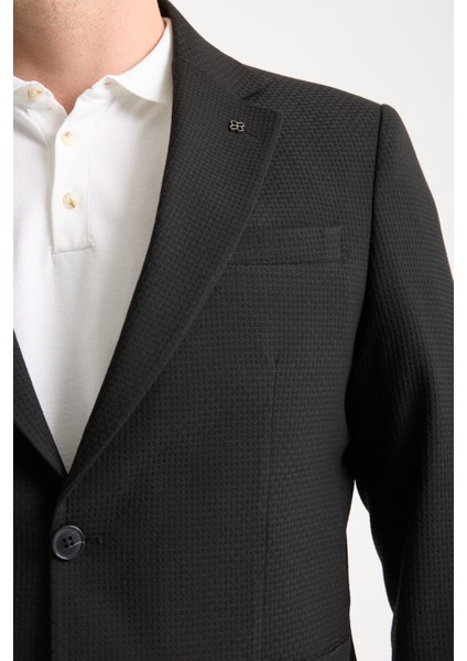 Tommas Erkek Siyah Yarım Astar Torba Cep Likralı Gofre Kumaşlı Spor Blazer Ceket