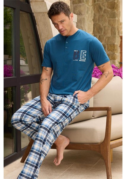 Mavi Ekose Be Desenli Kısa Kollu Erkek Pijama Takımı