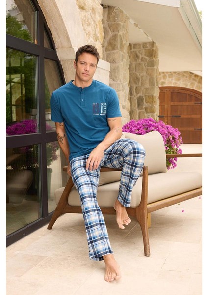 Mavi Ekose Be Desenli Kısa Kollu Erkek Pijama Takımı