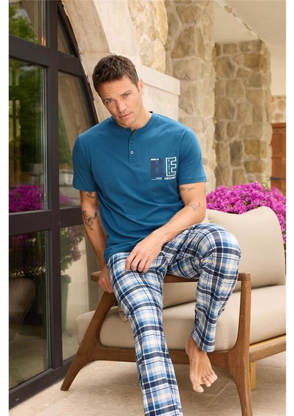 Mavi Ekose Be Desenli Kısa Kollu Erkek Pijama Takımı