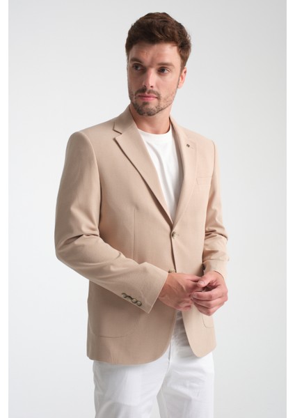 Lucos Erkek Bej Yarım Astar Torba Cep Likralı Gofre Kumaşlı Spor Blazer Ceket
