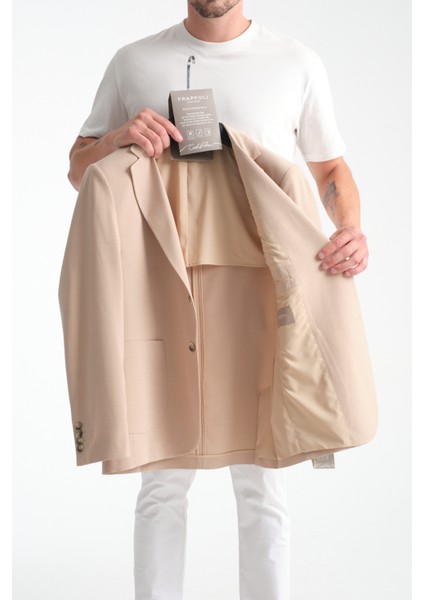Lucos Erkek Bej Yarım Astar Torba Cep Likralı Gofre Kumaşlı Spor Blazer Ceket