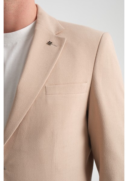Lucos Erkek Bej Yarım Astar Torba Cep Likralı Gofre Kumaşlı Spor Blazer Ceket
